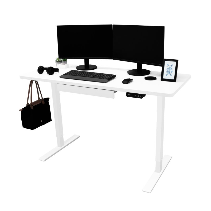 Electric Standing Desk 140cm x 60cm White Height Adjustable Ergonomic Sit to Stand Computer Workstation Built In Drawer USB A & C Charging Cable Holes & Tray Bag Hook Office Table Memory Smart Panel