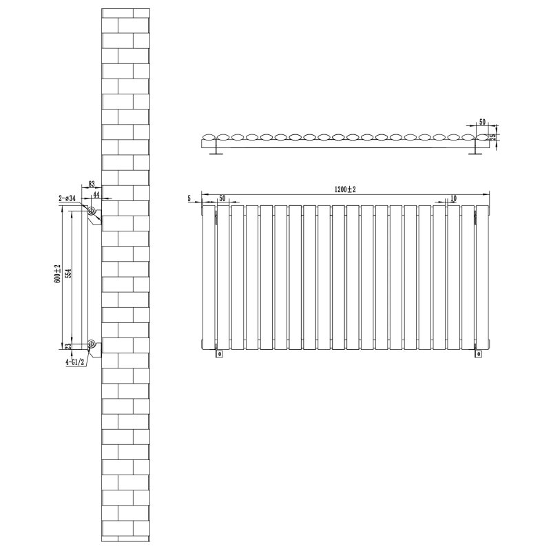 Oval Single Column Radiator & Valves - 600mm x 1200mm - Anthracite Grey