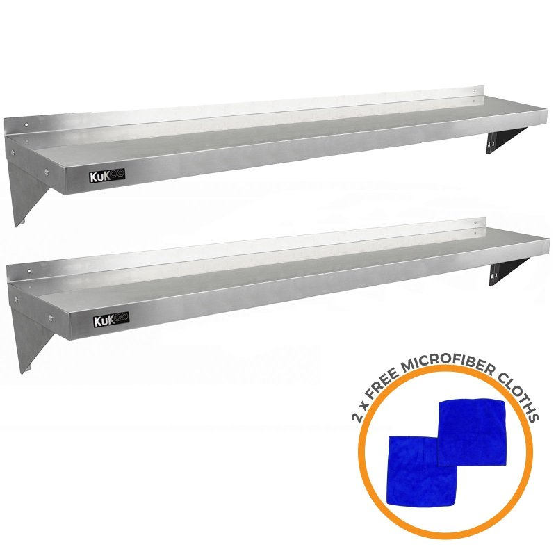 KuKoo Commercial Catering Corrosion Resistant x 2 Stainless Steel Kitchen Wall Shelf & Free Microfiber Cloths 1940mm x 300mm