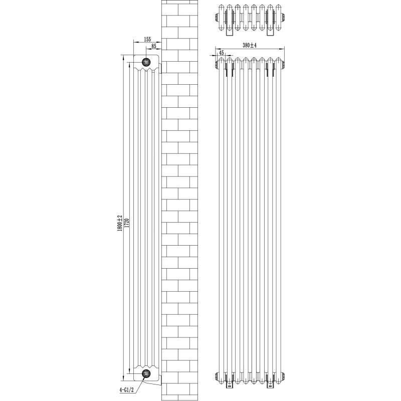 Traditional 4 Column Radiator & Valves - 1800 x 380mm - Anthracite Grey