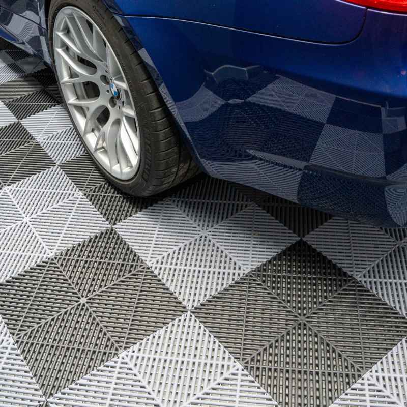 Vented Modular Interlocking Flooring Tiles & Edges 60 Black & 60 Grey Single Garage Heavy Duty Floor Mat Showroom Workshop Outdoor Polypropylene Anti Slip Weather Resistant Drainage 3.2m x 6m 19.2m2