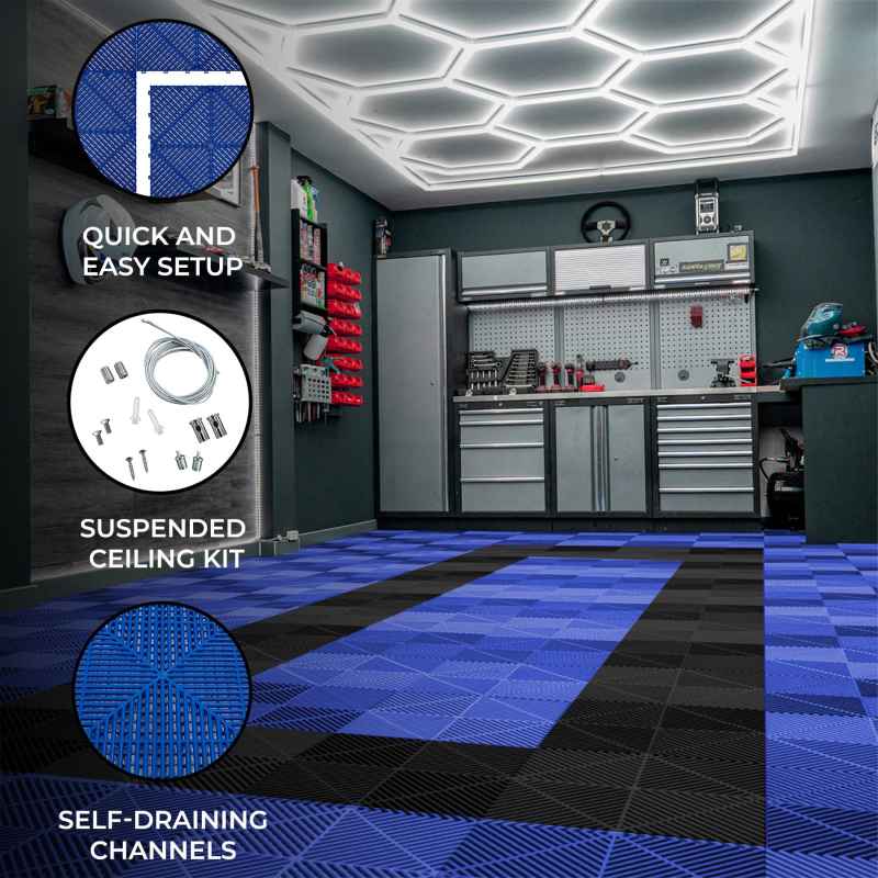 Vented Modular Interlocking Flooring Tiles 90 Blue & 30 Black With Edges & Hexagon LED Lighting 14 White Lights & Border 6500K 3 Mount Options & Suspended Ceiling Kit Single Garage Floor Mat 3.2m x 6m