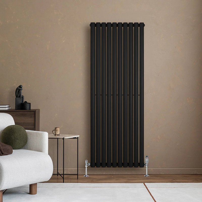 Oval Single Column Radiator & Valves - 1600mm x 600mm - Black