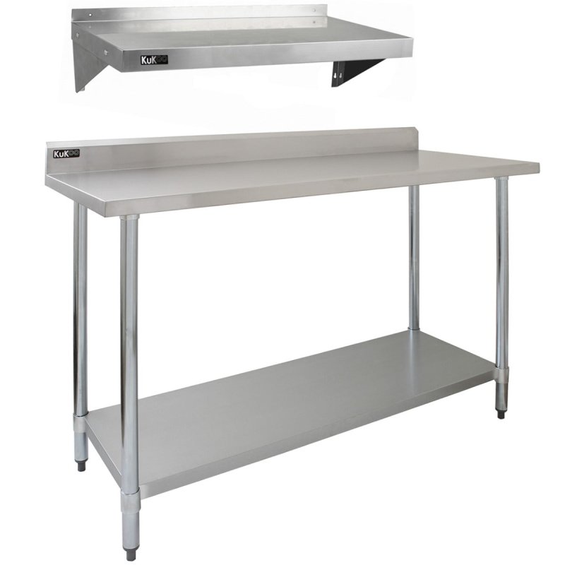 5ft Stainless Steel Catering Bench & 2 Wall Mounted Shelves Commercial Kitchen Work Prep Table Worktop Backsplash 2 Tier Adjustable Heavy Duty Corrosion Resistant FREE Microfibre Cloths & Fixing Kit