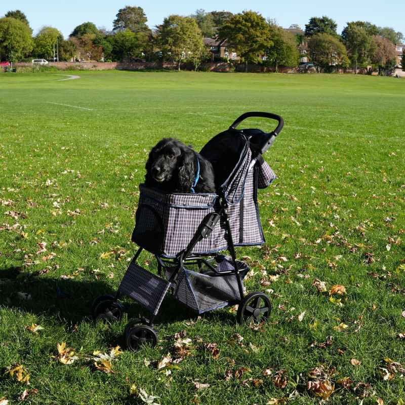 Pet Stroller Pushchair & Caddy Bag Organiser Detachable Blue Tartan Foldable Carrier 15kg Capacity Wheels Brakes Dog Hook Leash Canopy Mesh Windows Basket Cup Holders Pockets & Waterproof Rain Cover