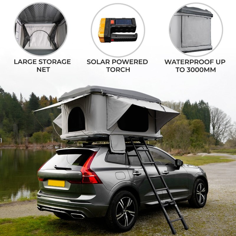 Car Roof Top Tent Grey Large Hard Shell Box Gas Assisted Pop Up Bunk 2-3 Person 3000mm Waterproof Camping Telescopic Ladder 5.5cm Mattress Boot Bags Anti Condensation FREE Storage Net & Solar Torch