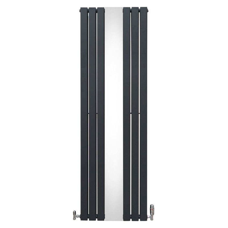 Flat Panel Radiator With Mirror 1800mm x 565mm & TRV Chrome Valves Designer Double Column Vertical Anthracite Grey Carbon Steel Wall Mounted Kitchen Living Room Cleaning Brush Fixing Kit & Brackets