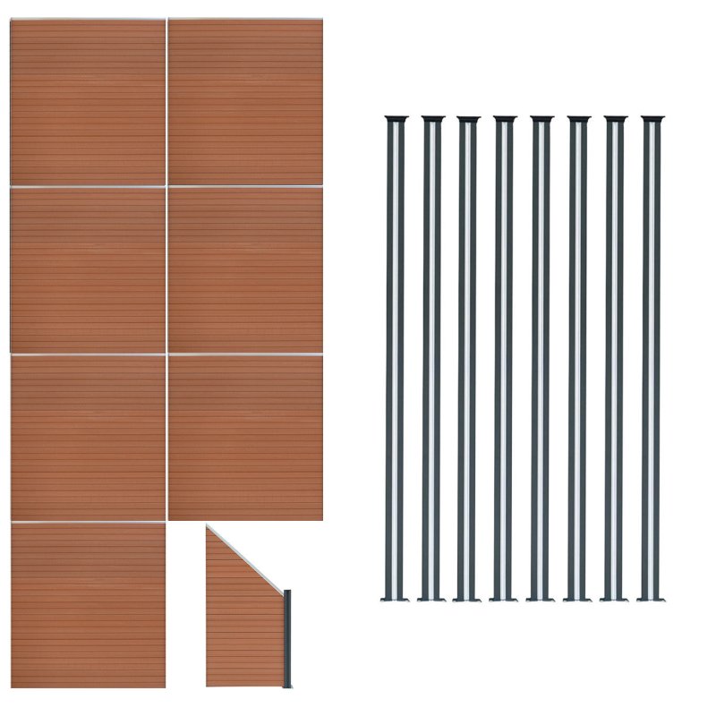 Composite Fence Panels, Angled Piece & LED Posts 6ft x 43ft - Brown