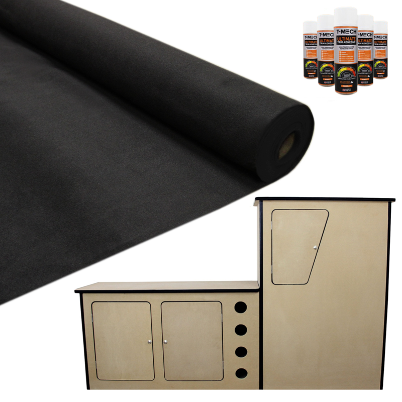 T-Mech 11m2 Van Lining Carpet Super Stretch Kit Black | With Camper Motor Home Kitchen Unit | FREE 5 Heavy Duty Adhesive Glue Spray Cans