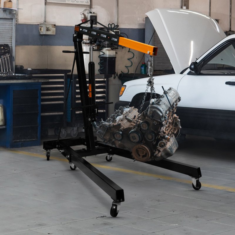 Engine Crane 2 Tonne Ton 2000kg Hydraulic Pump Handle Folding Legs Hoist Lift Jack Stand Handle 6 Portable Heavy Duty Wheels Workshop Garage 4 JIB Positions Chain Hook Black Powder Coated Steel