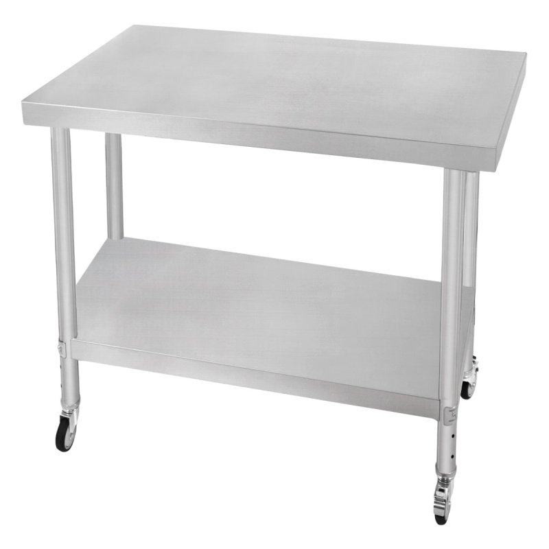 Catering Work Bench Table Stainless Steel Food Prep Kitchen Mobile 4 x Castor Wheels With 2 Brakes & 4 Adaptable Feet Adjustable Lower Shelf 3 Positions 160kg Load Capacity 76cm x 90cm x 86cm