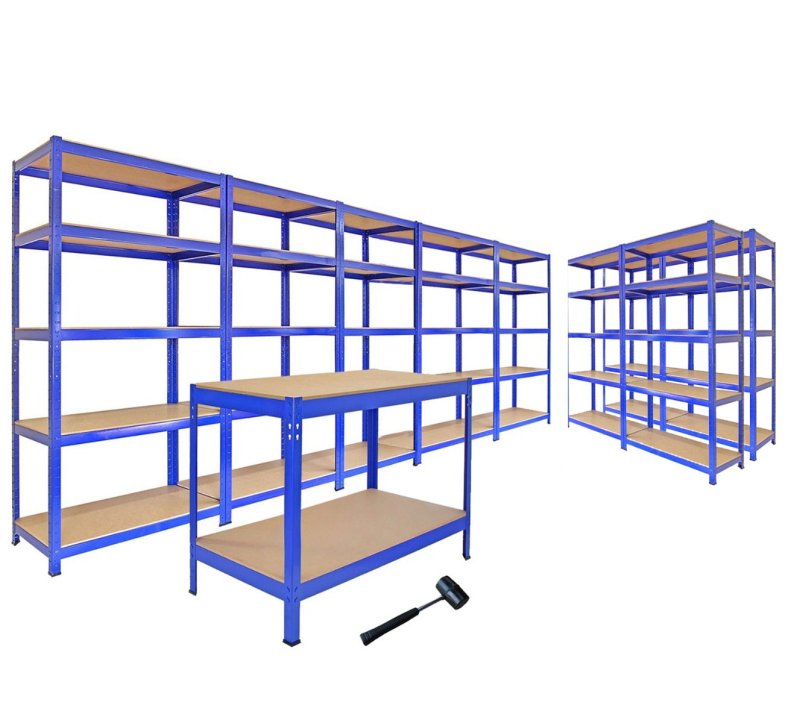 Racking Shelving Unit Boltless 5 Tier Garage Shelves Storage Organisation Workshop Shed Heavy Duty Steel Racks- 5 x 75cm wide racking, 2 x 90cm wide racking, 1 x workbench and 1 x rubber mallet