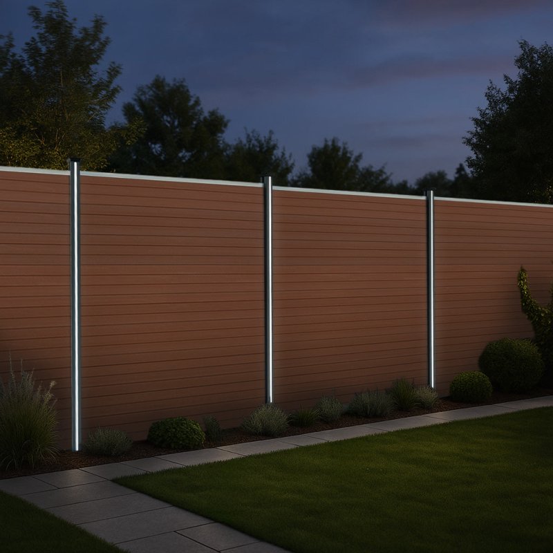 Composite Fence Panels, Angled Piece & LED Posts 6ft x 60ft - Brown