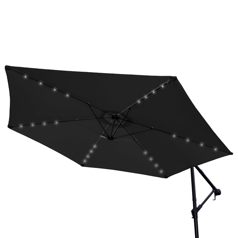 LED Cantilever Parasol 3m Grey Banana Hanging Umbrella Garden Sun Shade Canopy Patio 360 Rotation Tilt UV Protection Winding Crank 24 Solar Powered Cool White Lights FREE Rain Cover & Square Base