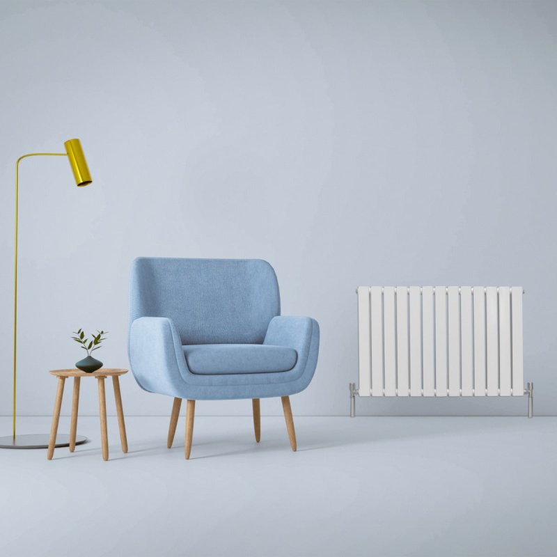 Designer Radiators 60 x 91cm Flat Panel Modern Central Heating Gloss White Horizontal Column Double Panel Wall Mounted Slimline Kitchen Living Room Bathroom Commercial Cleaning Brush & Fixing Kit