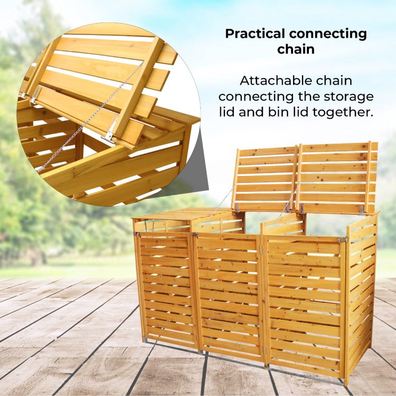 Triple Wheelie Bin Store Strong Wooden Shed Recycling Store Natural Timber Lockable Latched Hinged Firewood Garden Tools Storage FREE Fixing Kit 120cm (H) x 198cm (W) x 81cm (D)