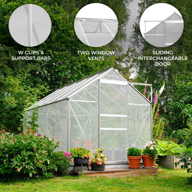 Greenhouse 6 x 8ft Aluminium Polycarbonate Steel Silver Weather Resistant Frame Support Bars Interchangeable Sliding Door 2 Roof Window Vents Walk In Gutter FREE W Clips
