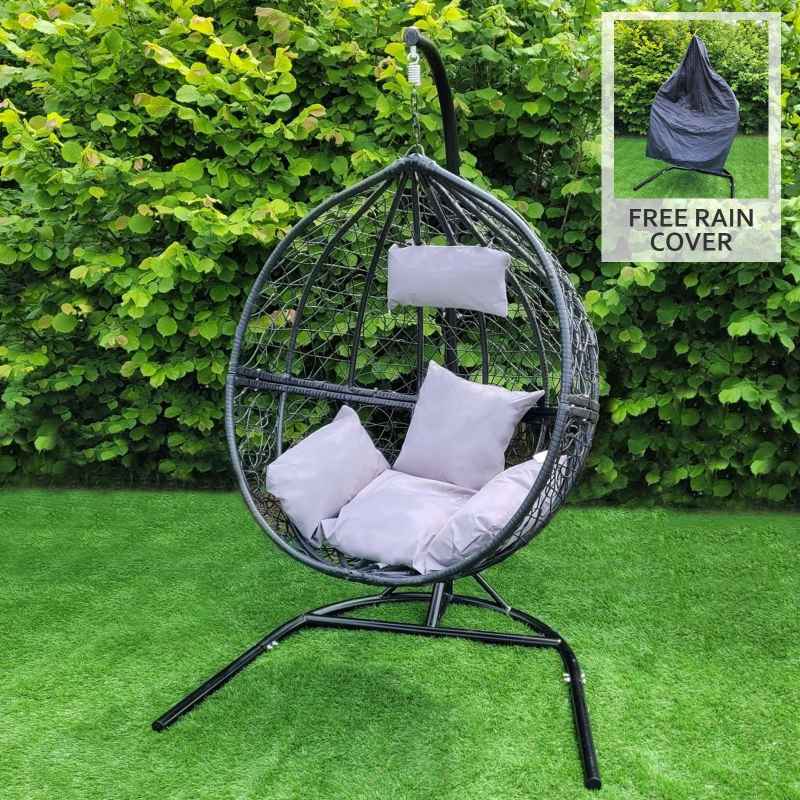 Swing Hanging Egg Chair Rattan Bench Garden Patio Outdoor Indoor Furniture Hammock Basket Seat Black | with Cushions, Waterproof Cover and Stand