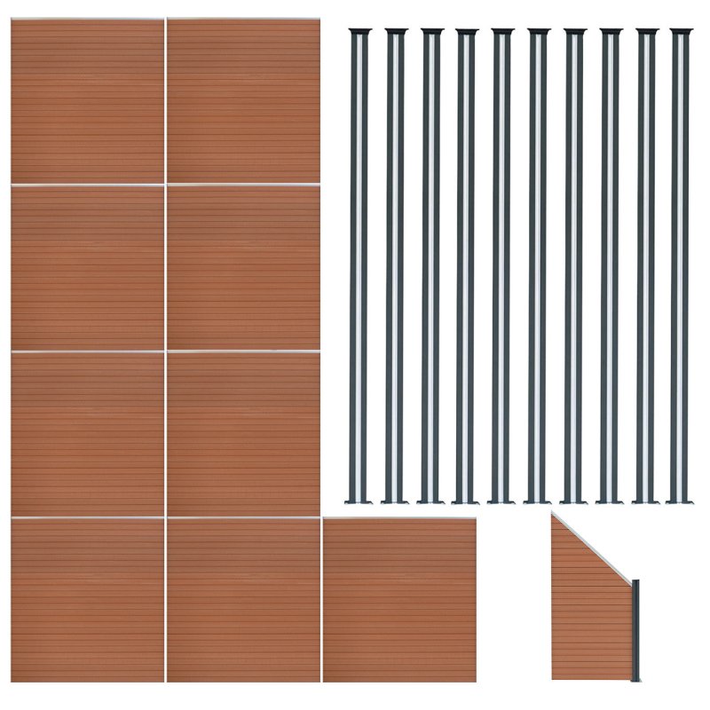 Composite Fence Panels, Angled Piece & LED Posts 6ft x 54.5ft - Brown