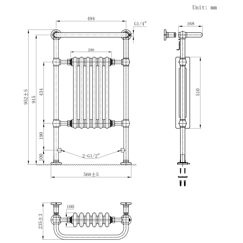 Traditional Heated Towel Rail Radiator - 950mm x 570mm - White