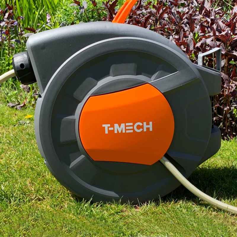T-Mech Auto Rewind Hose Reel 30m + 2m, Wall-Mounted 8 Spray Nozzle Gun, Neat Retractable Hose-Pipe With Bracket And Fixings, 180?? pivot