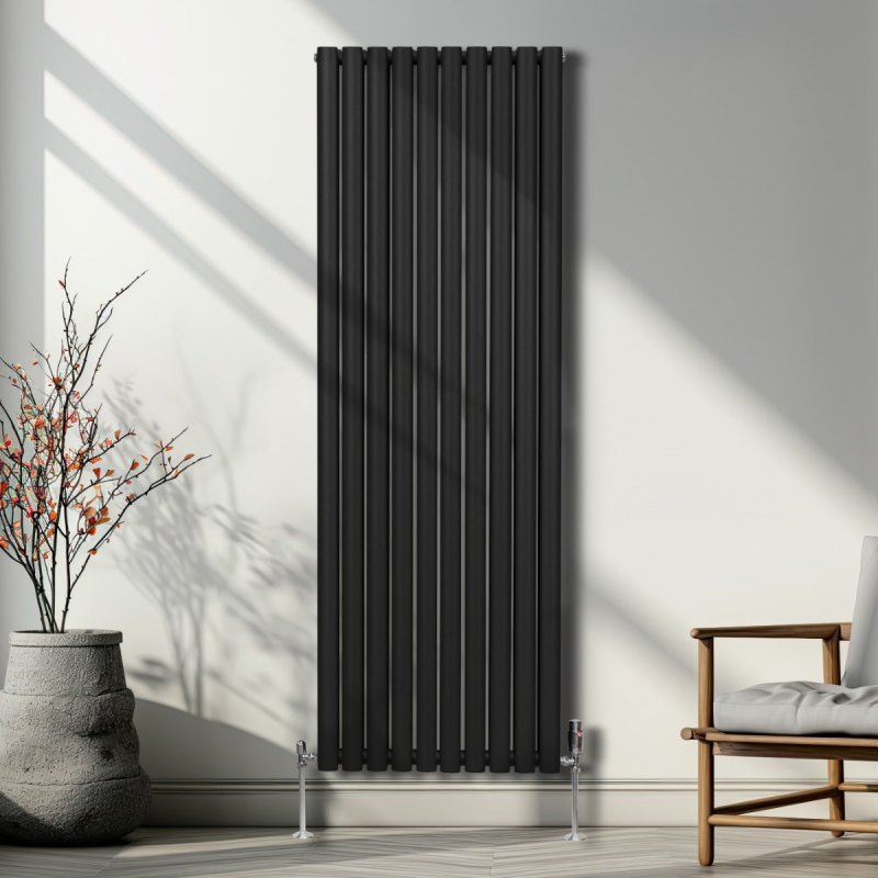 Oval Column Radiator 1800mm x 600mm & TRV Chrome Valves Modern Designer Double Panel Central Heating Heater Black Steel Vertical Kitchen Living Room FREE Cleaning Brush Fixing Kit & Brackets