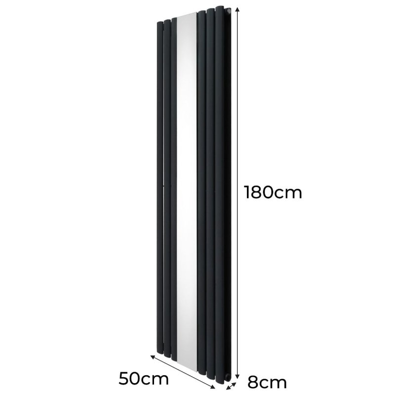 Oval Panel Radiator With Mirror 1800mm x 500mm & TRV Chrome Valves Designer Double Column Vertical Anthracite Grey Carbon Steel Wall Mounted Kitchen Living Room Cleaning Brush Fixing Kit & Brackets