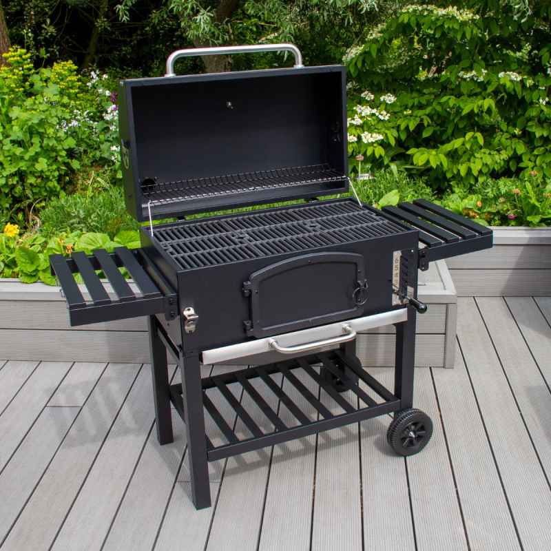 XXL BBQ Smoker Charcoal Barbecue Grill Portable Trolley Black Stainless Steel Adjustable Furnace Thermometer Side Shelves Hanging Hooks Bottle Opener Wheels Rain Cover Wire Brush Garden Patio Outdoor