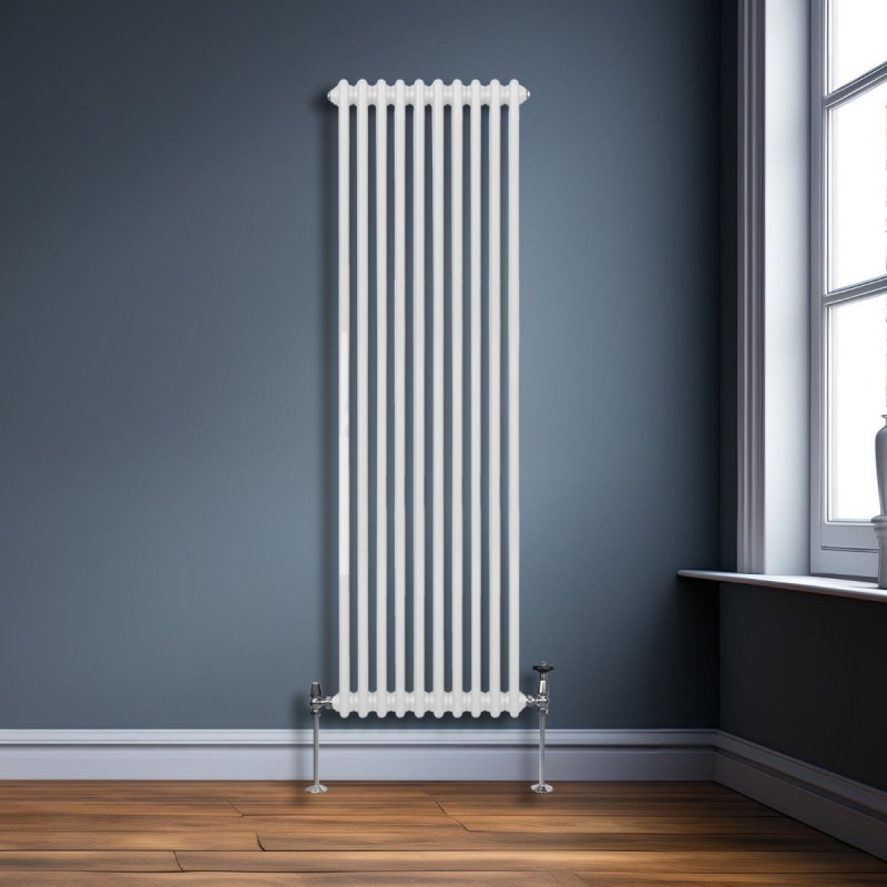 Traditional 2 Column Radiator 1800mm x 472mm Modern Central Heating Heater Gloss White Carbon Steel Vertical Wall Mounted Kitchen Living Room Bathroom Cleaning Brush Fixing Kit & Brackets