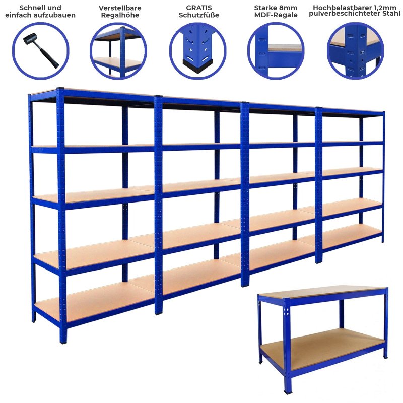 4 Bay 180cm x 90cm x 45cm Blue 5 tier (280KG Per Shelf) 1400KG Capacity | With 1 x Workbench | Garage Shed Storage Metal Shelving Units