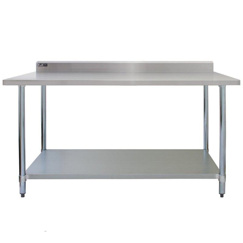 5ft Stainless Steel Catering Bench & 2 Wall Mounted Shelves Commercial Kitchen Work Prep Table Worktop Backsplash 2 Tier Adjustable Heavy Duty Corrosion Resistant FREE Microfibre Cloths & Fixing Kit