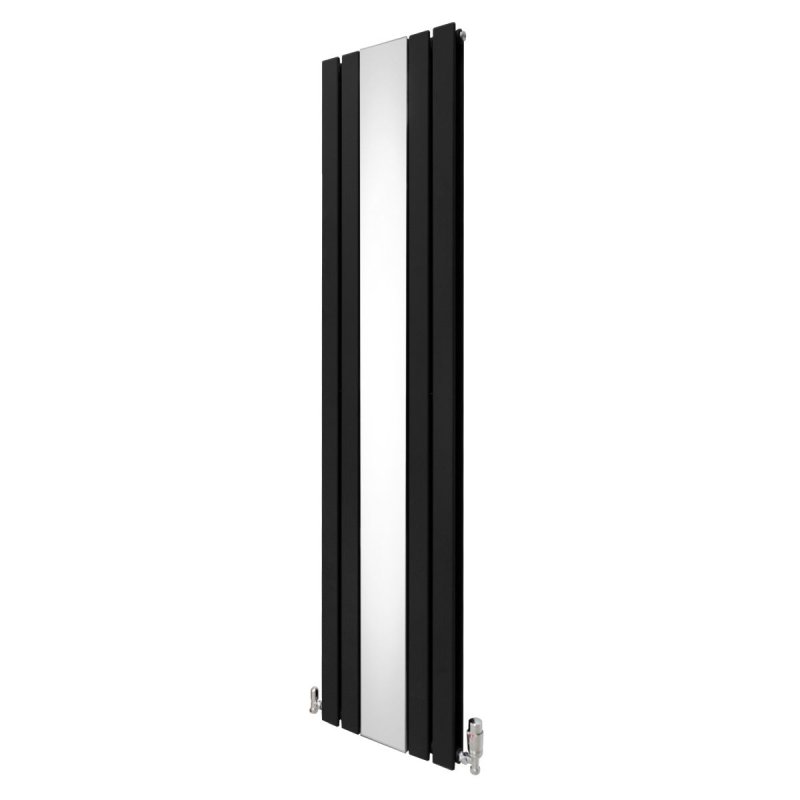 Flat Panel Radiator With Mirror 1800mm x 425mm & TRV Chrome Valves Designer Double Column Vertical Black Carbon Steel Wall Mounted Kitchen Living Room Cleaning Brush Fixing Kit & Brackets
