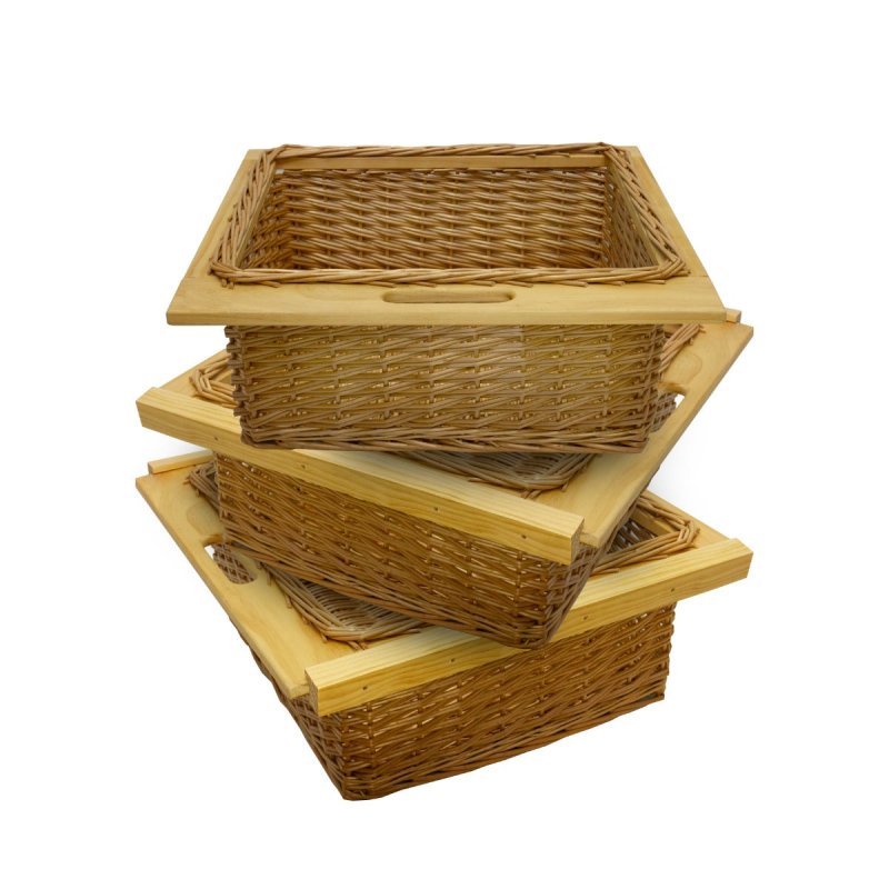 3 x Pull out Wicker Basket Drawer 600mm Kitchen Storage Solution Larder Base Unit Cupboard with Handle Rustic Beech Wood Farmhouse Style 100% Handmade Rattan FREE Fixing Kit Included