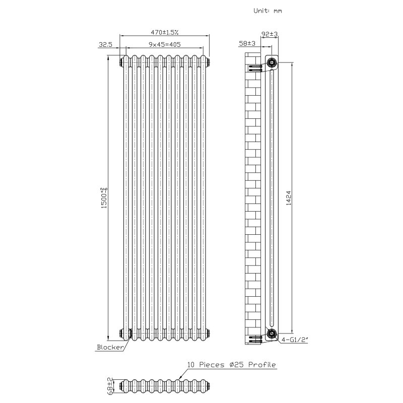 Traditional 2 Column Radiator - 1500 x 470mm - Raw Metal