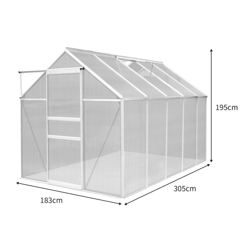 Greenhouse 6 x 10ft Aluminium Polycarbonate Steel Silver Weather Resistant Frame Support Bars Interchangeable Sliding Door 2 Roof Window Vents Walk In Gutter FREE W Clips