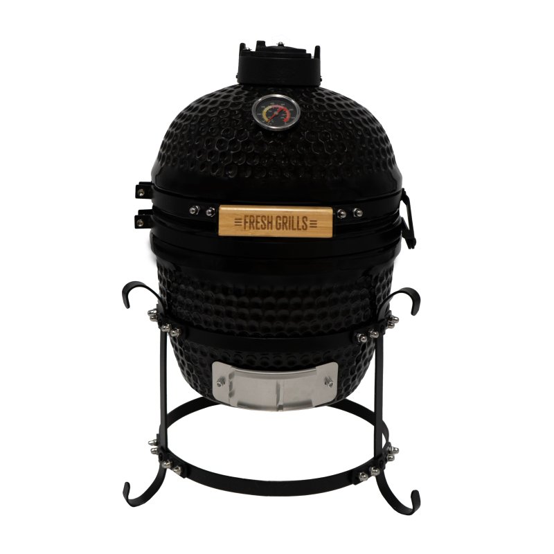 Fresh Grills Kamado BBQ 13 Inch Black Ceramic Mini Oven Barbecue Grill Egg Charcoal Smoker Roast Bake With Stand Portable Built In Thermometer Top & Bottom Air Flow System Outdoor Cooking Camping