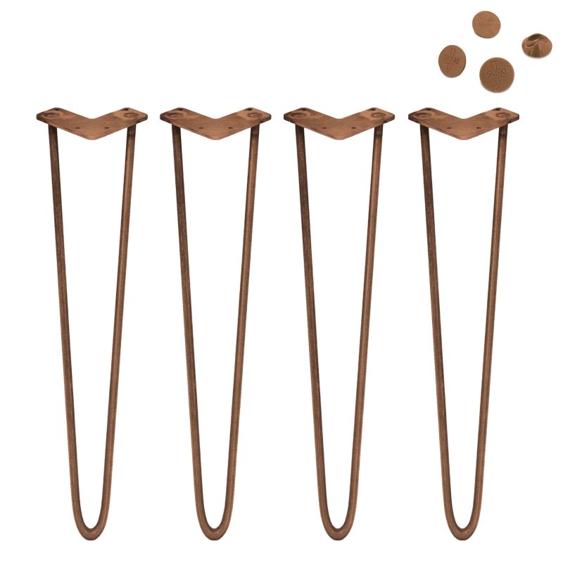 4Pcs Hairpin Table Legs Industrial Style DIY Furniture Heavy-duty Sturdy Welded Metal Steel Desk With FREE Screw Pack And Protector Feet Antique Copper 2 Prong Rods 28 Inch Height 10mm Thickness