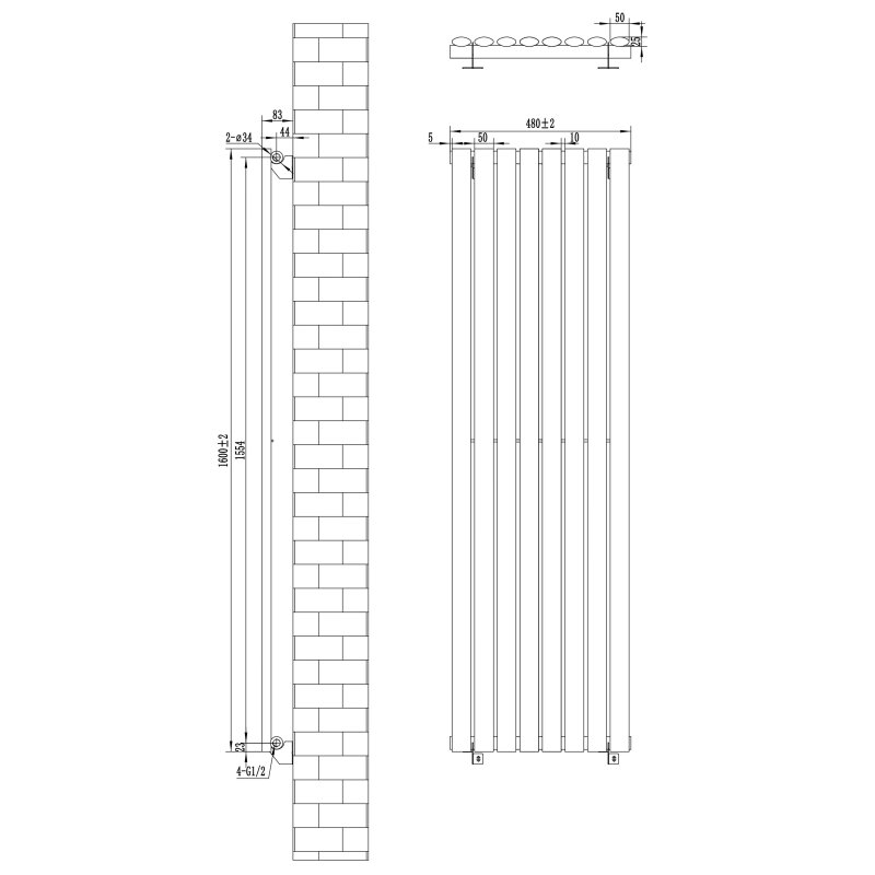 Oval Single Column Radiator & Valves - 1600mm x 480mm - White