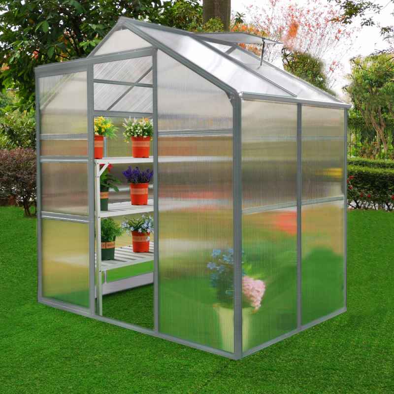 Greenhouse Polycarbonate, Clear, Aluminium Frame, Silver, Growhouse with Window & Sliding Door 6ft x 4ft