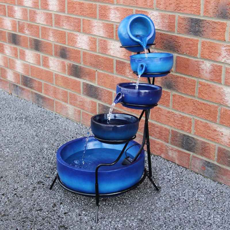 Water Feature Garden Fountain Solar Powered Outdoor Garden Cascade Ornament D̩cor Patio Resin Blue Freestanding Cascading 4 Tier Spilling Bowls