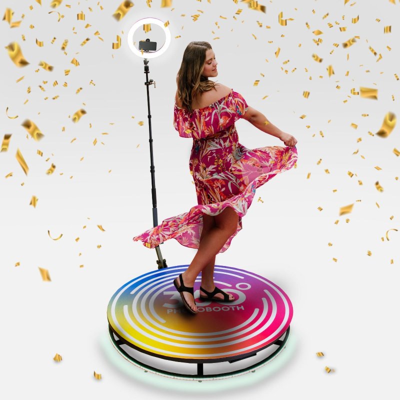 360 Photo Video booth 115cm Platform Rotating Selfie Spinner Party Wedding LED Ring Light Automatic Remote Control Bluetooth Adjustable Arm Slow Motion Battery or Mains Powered Flight Case Money Gun