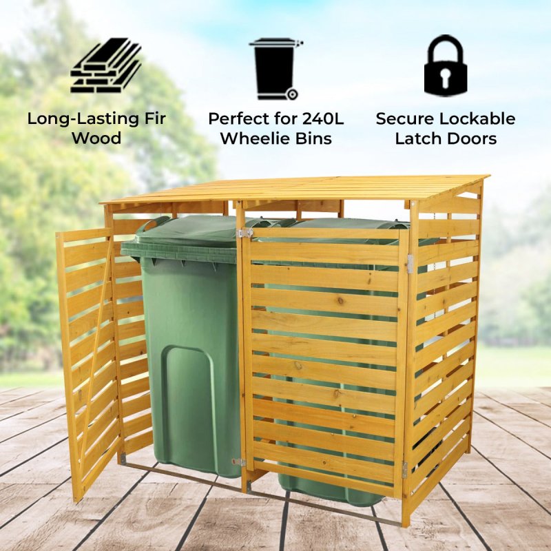 Double Wheelie Bin Storage Shed Store Hideaway Wooden Dustbin Trash Cupboard Outdoor Timber Cover Hinged Lid Lockable Latched Chain Recycling Garden FREE Fixing Kit 122cm (H) x 149cm (W) x 92.5cm (D)