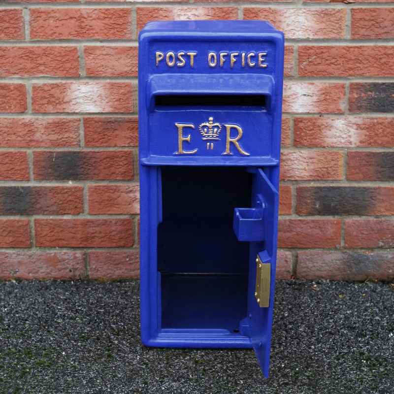 Royal Mail Post Box Scottish with Floor Stand ER Cast Iron Wall Mounted Wedding Authentic Pillar Replica Lockable Post Office Letter Box Blue