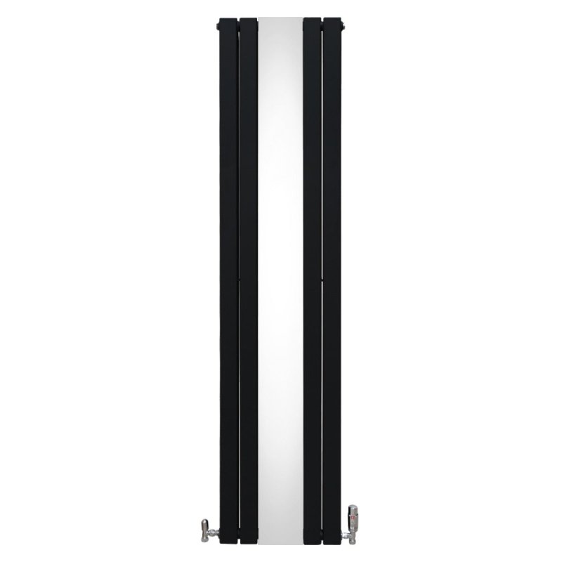 Flat Panel Radiator With Mirror 1800mm x 425mm & TRV Chrome Valves Designer Double Column Vertical Black Carbon Steel Wall Mounted Kitchen Living Room Cleaning Brush Fixing Kit & Brackets