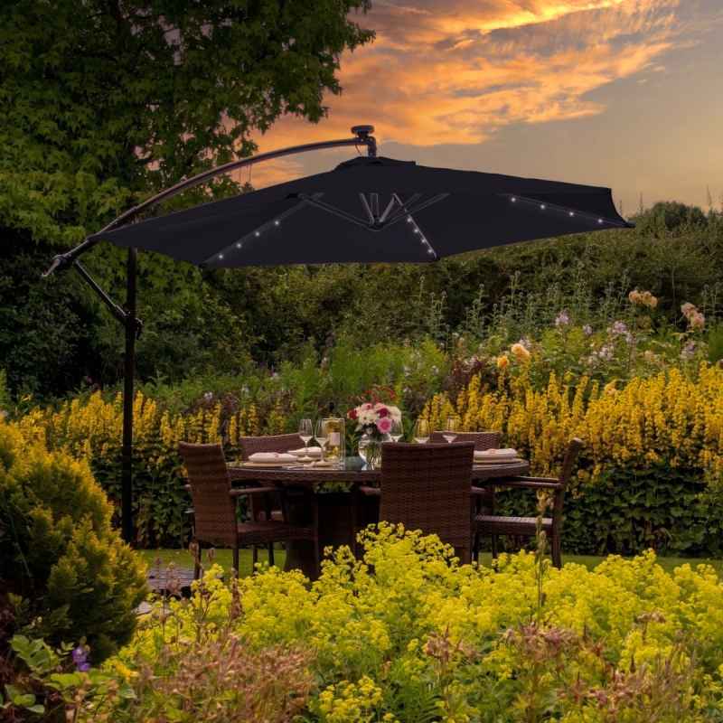 Black LED Cantilever Parasol 3m Banana Hanging Umbrella Garden Sun Shade Canopy Patio Outdoor 360 Rotation Tilt UV Protection Winding Crank 24 Solar Powered Cool White LED Lights Waterproof Rain Cover
