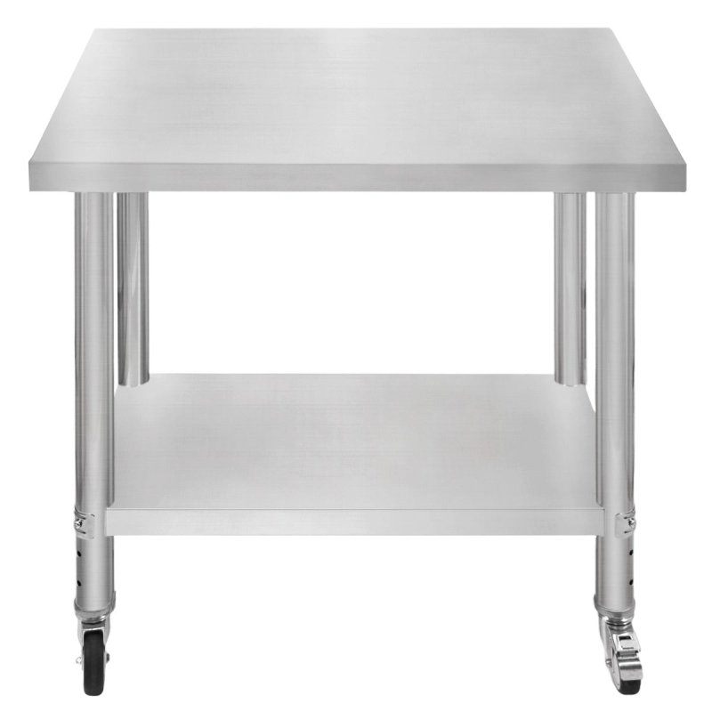 Catering Work Bench Table Stainless Steel Food Prep Kitchen Mobile 4 x Castor Wheels With 2 Brakes & 4 Adaptable Feet Adjustable Lower Shelf 3 Positions 160kg Load Capacity 76cm x 90cm x 86cm