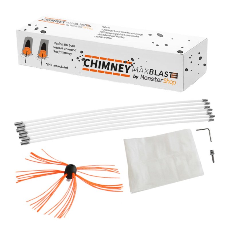 Chimney Sweeper Cleaning Kit Drill Powered Rotary Cleaner Brush Sweeping Brush 9m Fireplace Wood Burner Flue Reinforced Nylon Flexible Rods FREE Dust Sheet FREE Storage Bag Includes Drill Adapter & Allen Key MAXBLAST