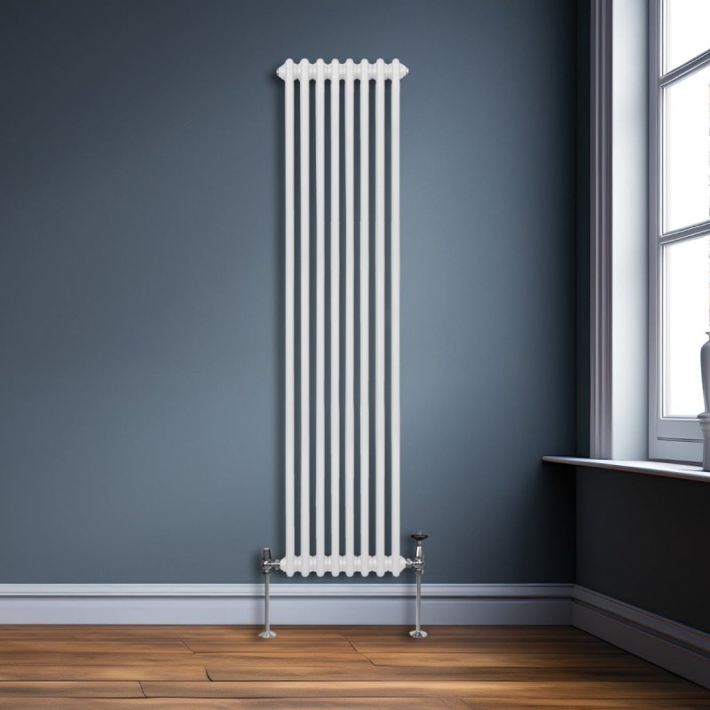 Traditional 2 Column Radiator 1800mm x 382mm Modern Central Heating Heater Gloss White Carbon Steel Vertical Wall Mounted Kitchen Living Room Bathroom Cleaning Brush Fixing Kit & Brackets