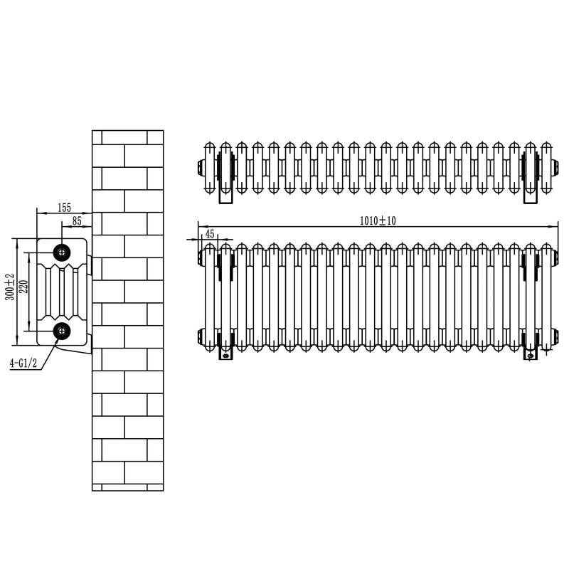 Traditional 4 Column Radiator & Valves - 300 x 1010mm - Anthracite Grey
