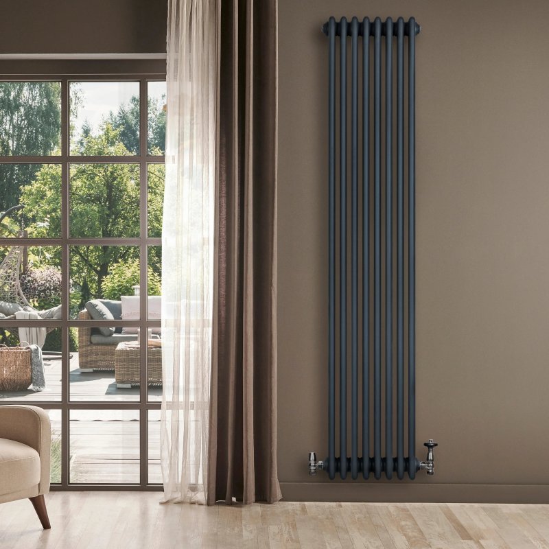 Traditional 4 Column Radiator & Valves - 1800 x 380mm - Anthracite Grey